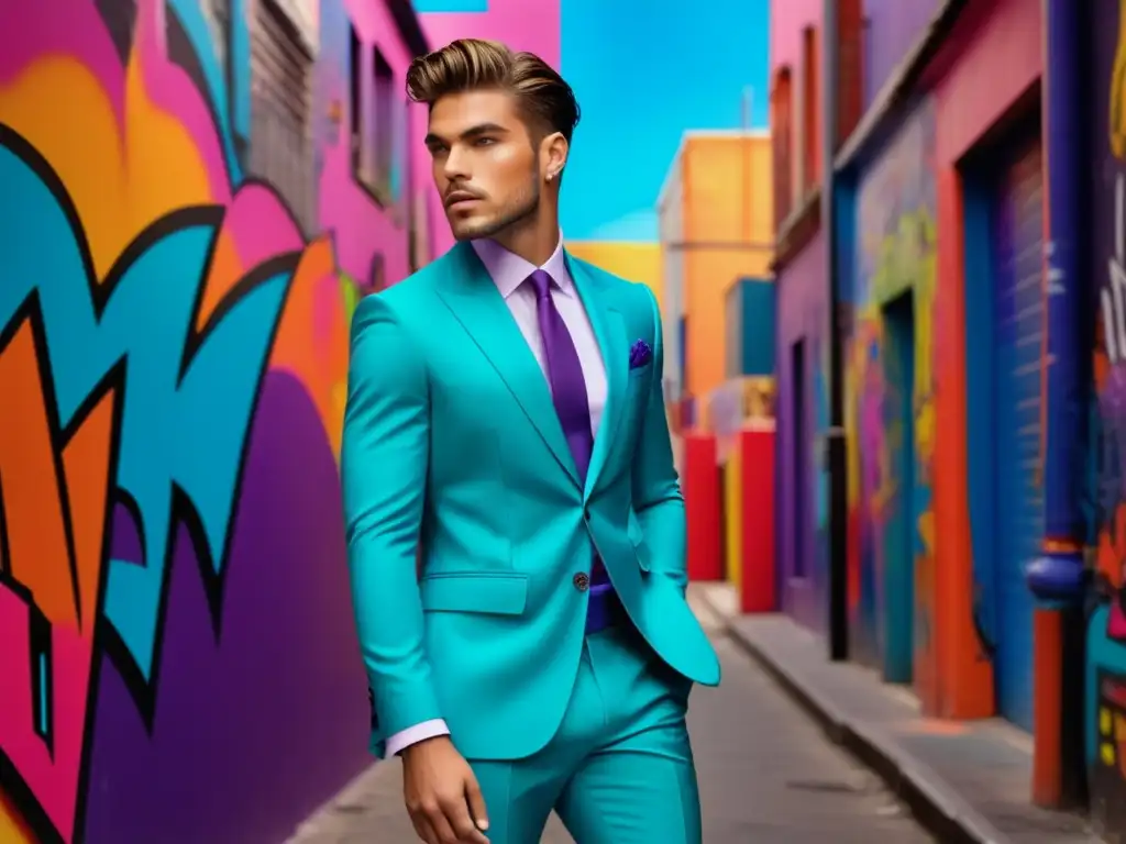 Modelo de moda masculina con traje vibrante y accesorios pastel