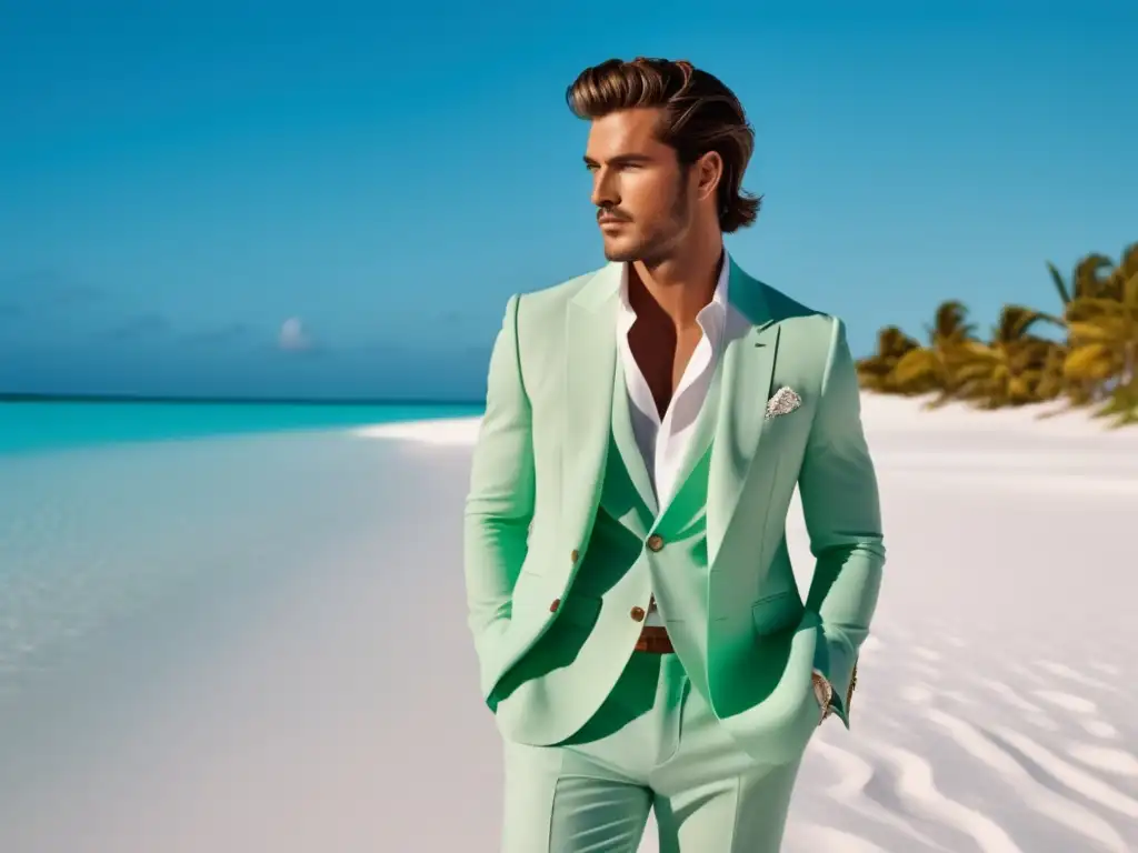 Moda masculina de verano: modelo en traje pastel en la playa