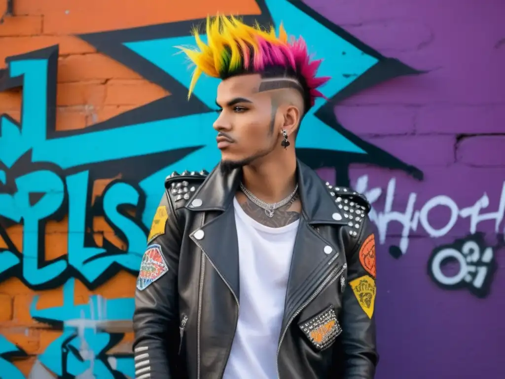 Tendencias moda masculina estilo punk: modelo masculino con look punk, chaqueta de cuero negra con tachuelas, jeans ajustados rotos y mohawk colorido, posando frente a un muro graffiteado