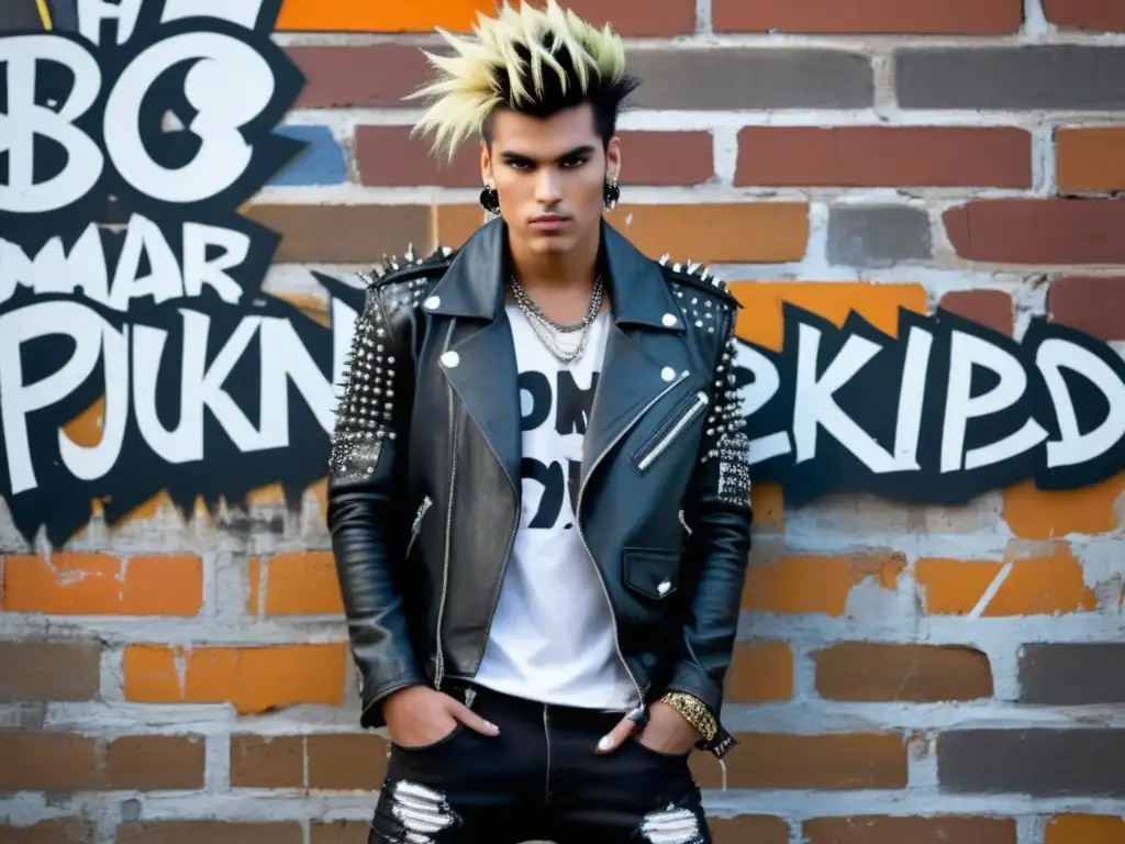 Modelo masculino punk de los 80 con atuendo impactante y actitud rebelde