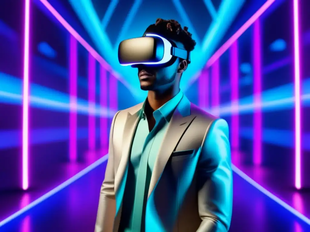 Beneficios VR moda masculina: Modelo viste gafas VR, sumergido en desfile virtual futurista con moda holográfica vibrante, realista y emocionante