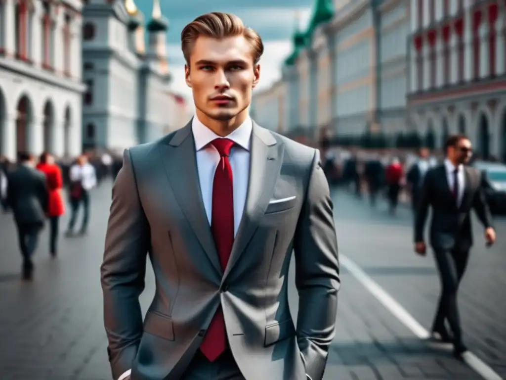 Estilo masculino Rusia moda occidental: modelo ruso elegante en Moscú, luciendo un traje gris oscuro y una corbata roja vibrante en una calle con arquitectura rusa icónica