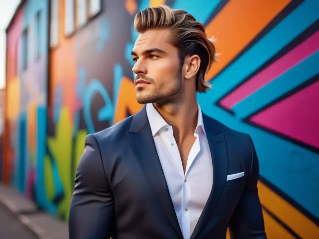 Fotografía de moda masculina creativa: Modelo masculino en traje negro junto a una pared grafiti en un entorno urbano