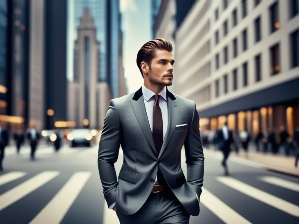 Posicionamiento en moda masculina efectivo: modelo masculino elegante en traje camina por la ciudad