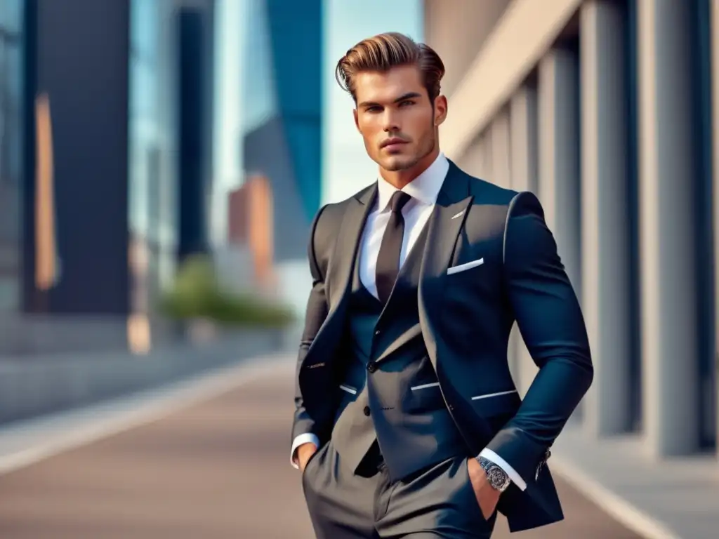 Modelo masculino elegante en ciudad, moda y emoción