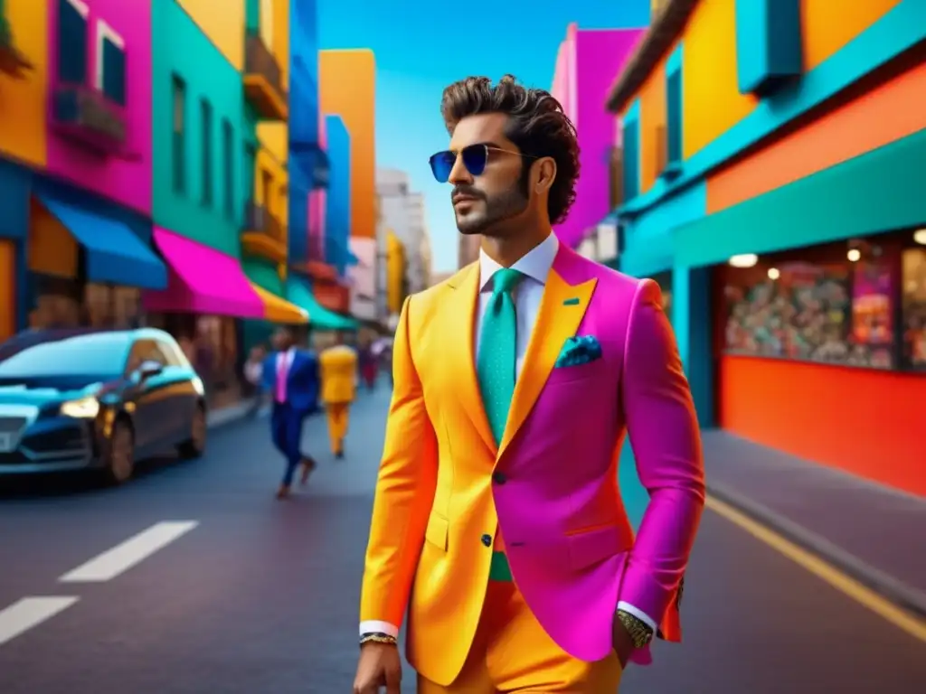 Modelo masculino en traje neón destaca en ciudad - Tendencias de moda masculina 2021