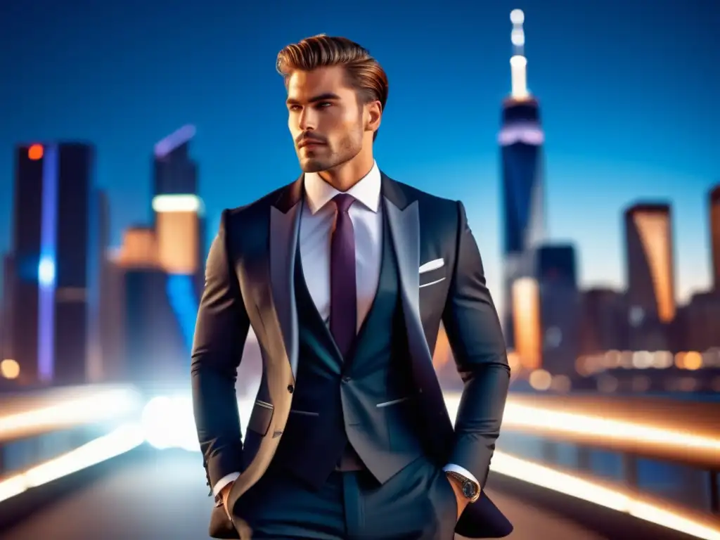 Foto moda masculina destacada, modelo urbano elegante en traje dinámico, ciudad moderna iluminada, detalles increíbles