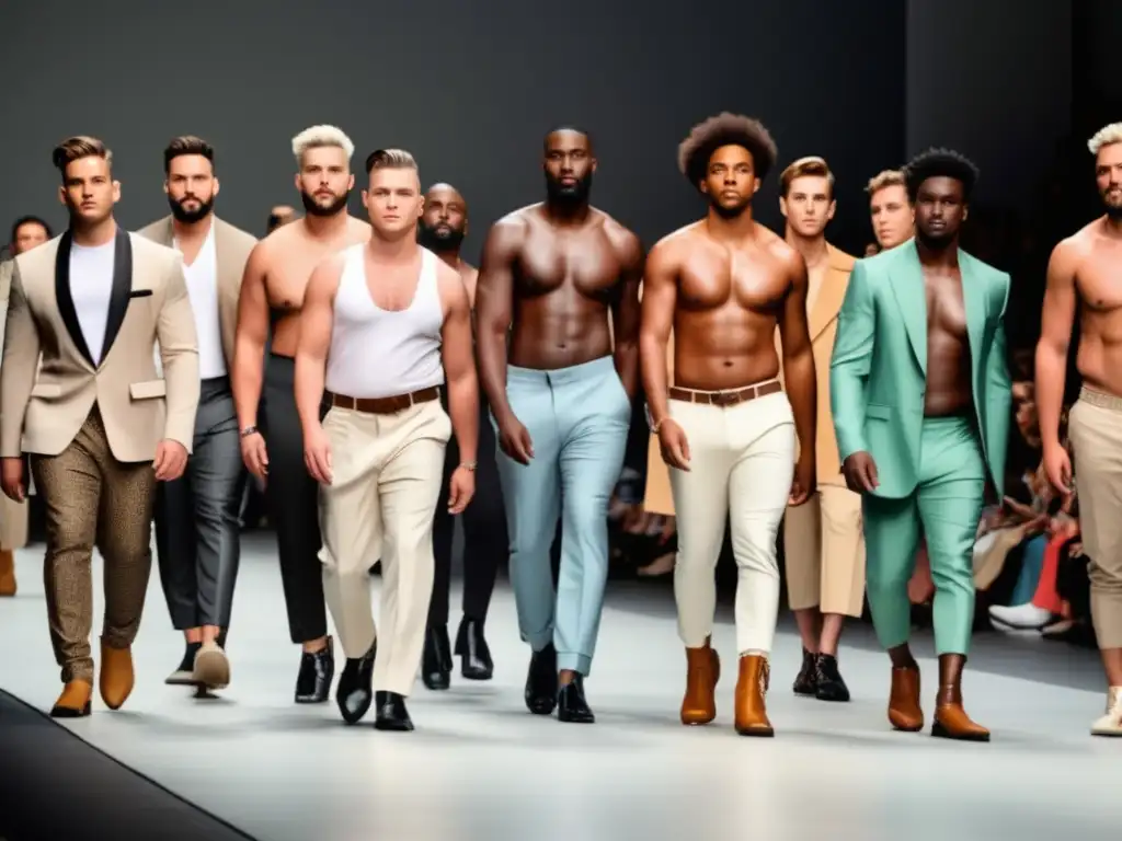 Moda inclusiva para hombres: Tendencias y futuro - Grupo diverso de modelos masculinos en pasarela, representando distintos cuerpos, edades, etnias y culturas