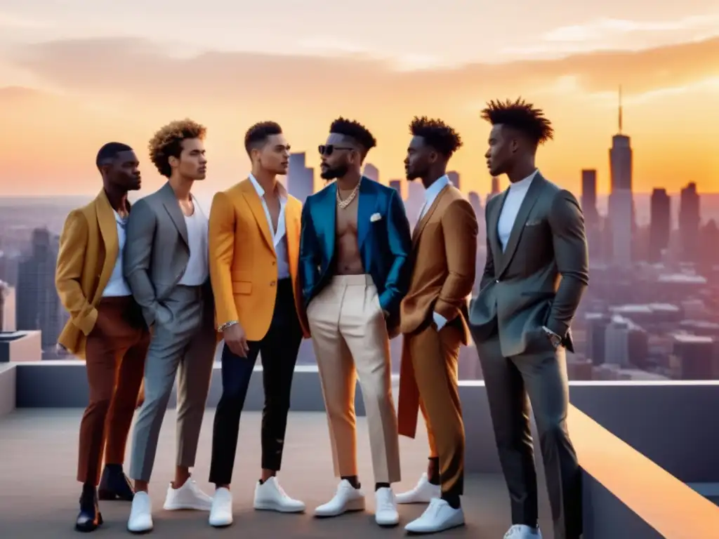 Estrategias publicitarias para moda masculina: modelos en rooftop con moda sostenible, diversidad, tecnología y atardecer