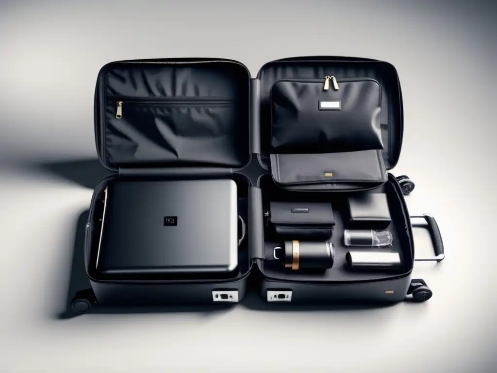 Maleta de viaje moderna y elegante Imprescindibles para viajero moderno: maleta negra de alta calidad con ropa, artículos de aseo, cargador portátil, pasaporte, móvil, tablet, gafas de sol, guía de viaje, billetera y seguro de viaje