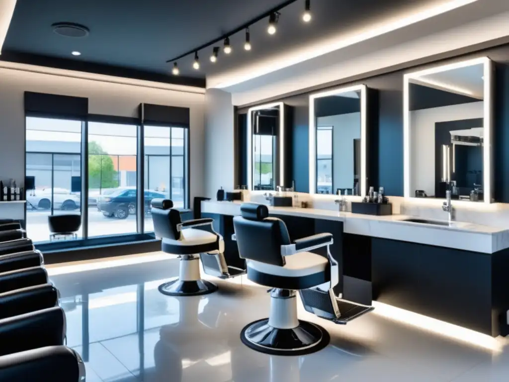 Barbería futurista con decoración en blanco y negro, estación de afeitado de última tecnología y ambiente profesional