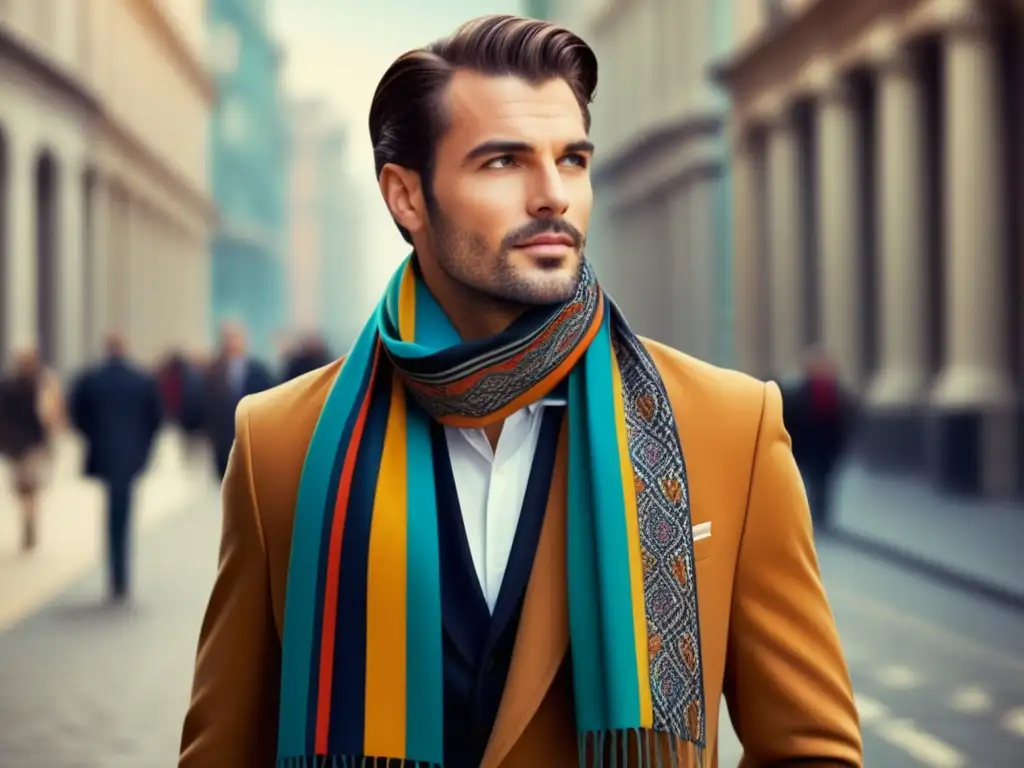 Hombre moderno con bufanda colorida, destacando estilo y calidad - Consejos para usar bufandas masculinas