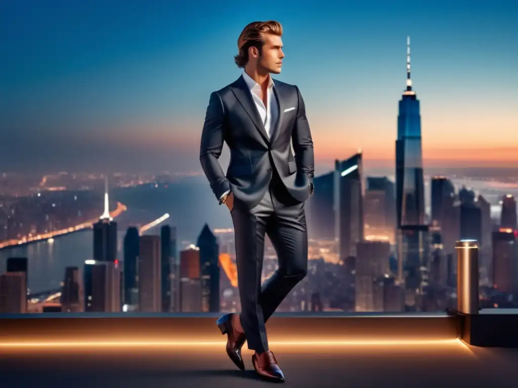 Tendencias moda belleza masculina: Hombre elegante en una ciudad vibrante al atardecer