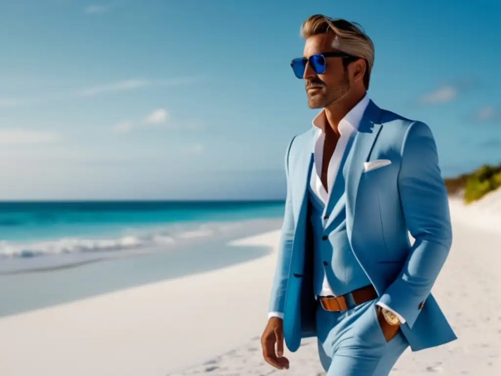 Guía de estilo para vestir en la playa para hombres: hombre elegante con traje de lino azul camina en la playa