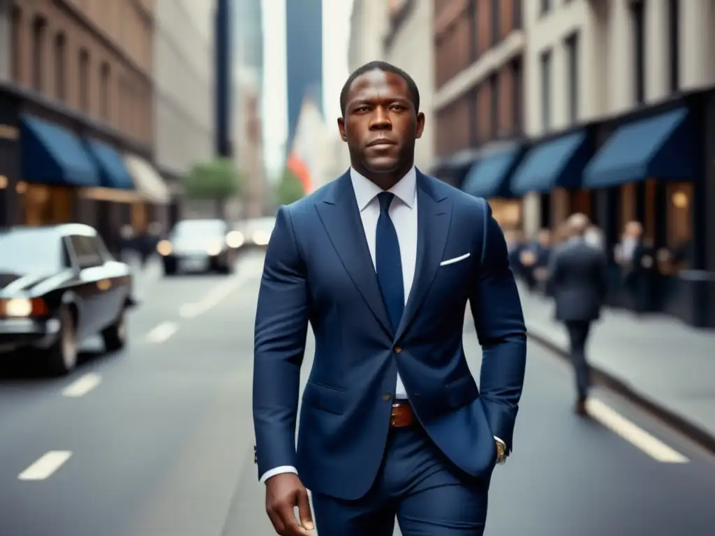 Hombre moderno en traje azul marino, estilo Steve McQueen