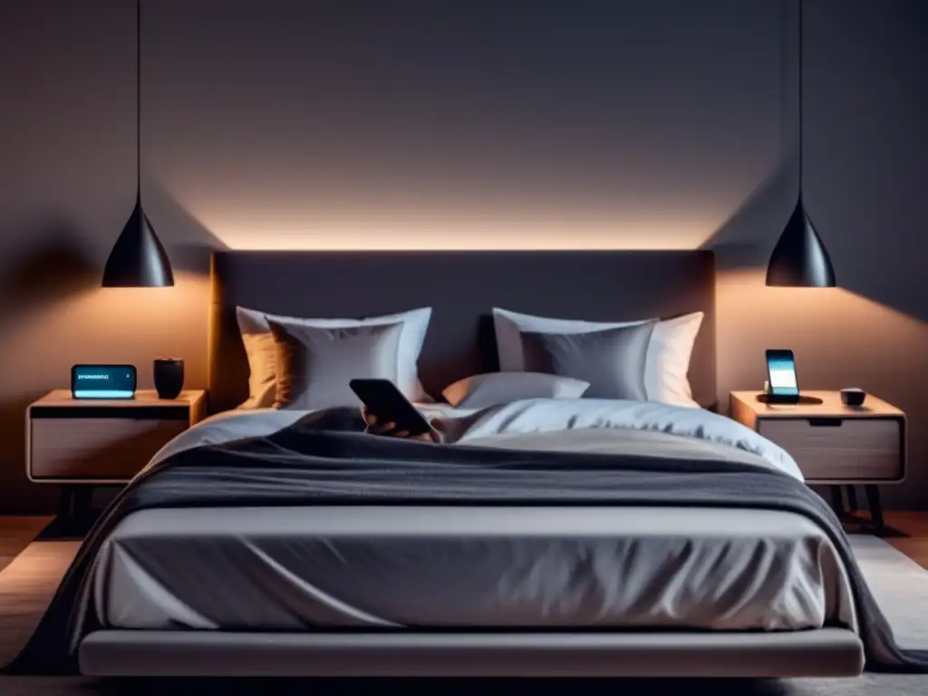 Moda masculina inteligente para dormir, habitación moderna con iluminación suave y decoración minimalista