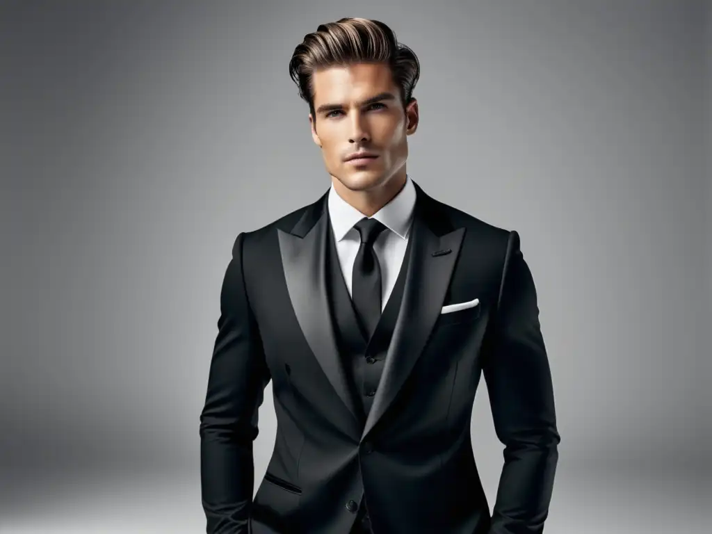 Fotografía moda masculina blanco negro con modelo elegante en traje negro, destacando su presencia y estilo