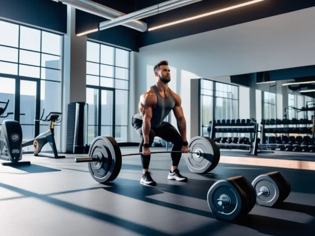 Hombre con ropa de gimnasio de moda, mostrando su forma física y levantando pesas en un gimnasio moderno