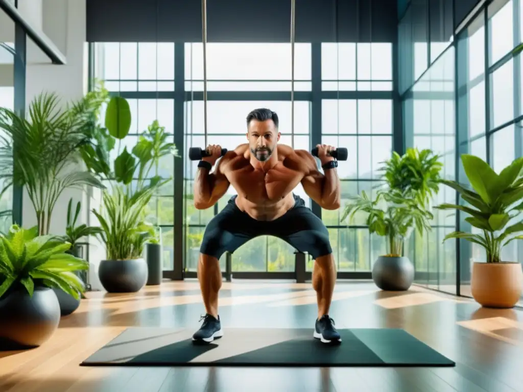 Hombre en gimnasio moderno ejercitándose para prevenir la calvicie