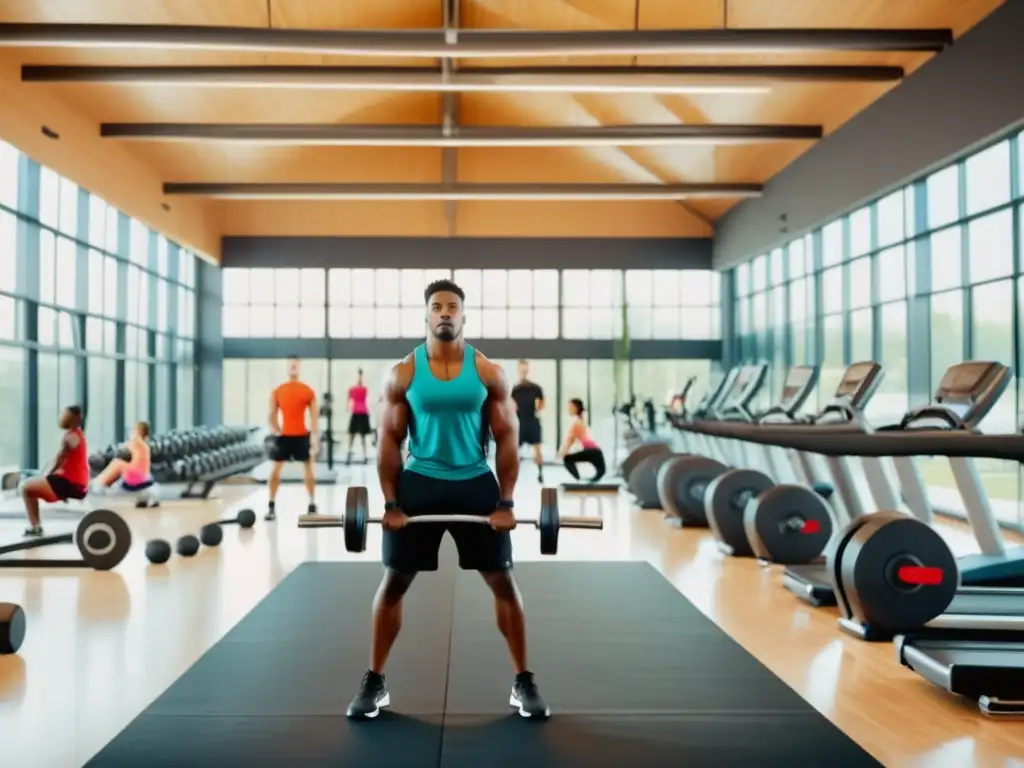 Ejercicio para mejorar bienestar masculino en moderno gimnasio con luz natural