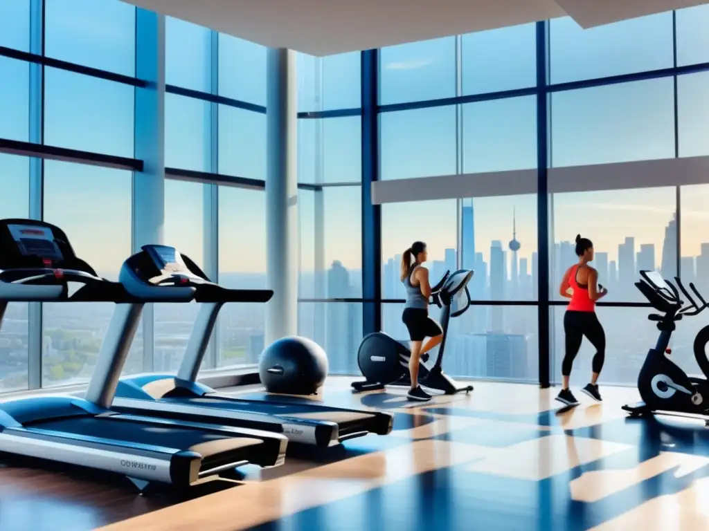 Gimnasio moderno con vista panorámica; equipamiento de última generación y personas ejercitándose en diversas actividades