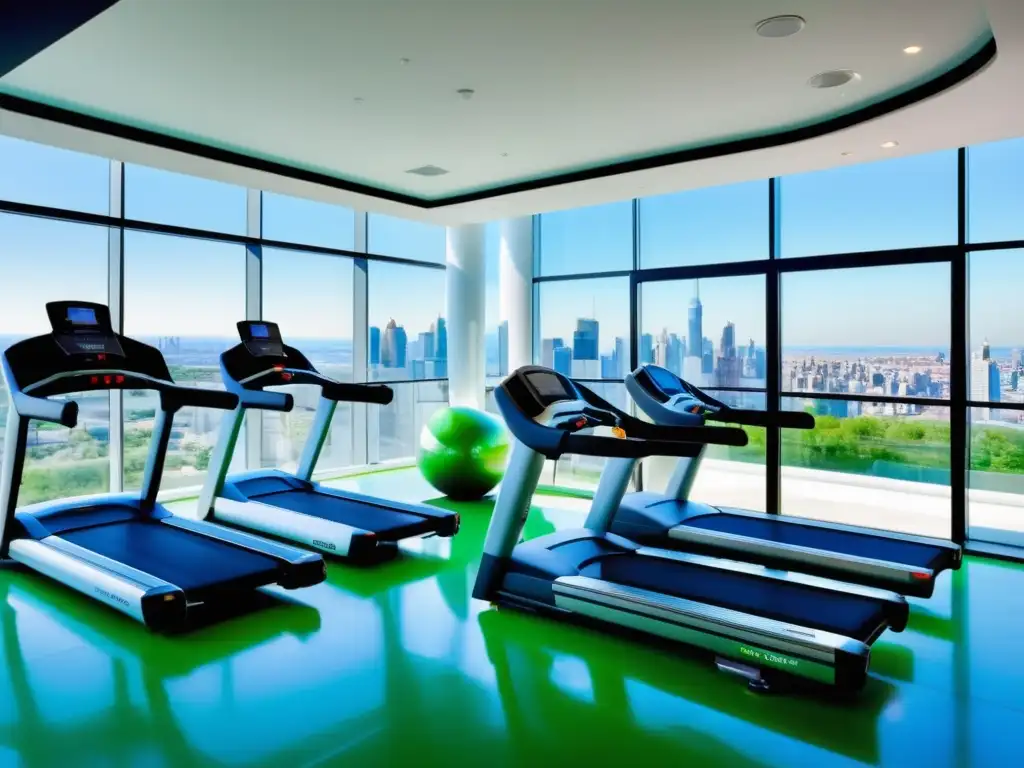 Un moderno gimnasio en la azotea de una ciudad bulliciosa, con vistas panorámicas, equipos de alta gama, decoración inspiradora y luz natural