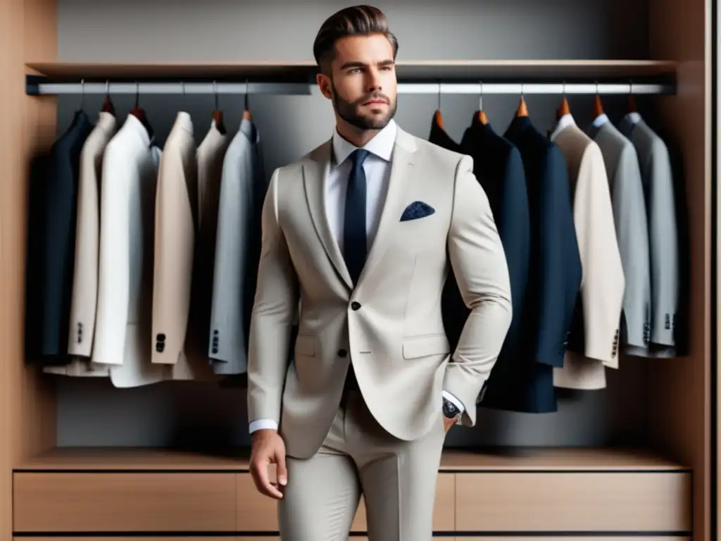 Hombre elegante frente a un guardarropa minimalista, enfoque minimalista moda masculina