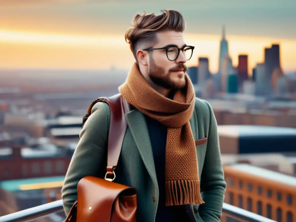 Hipster moderno con accesorios imprescindibles en ciudad vibrante