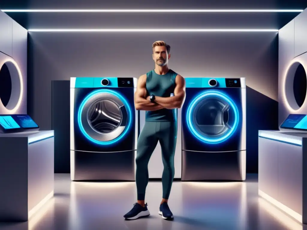 Hombre moderno en activewear, frente a lavadora y secadora hightech, exudando modernidad y sofisticación