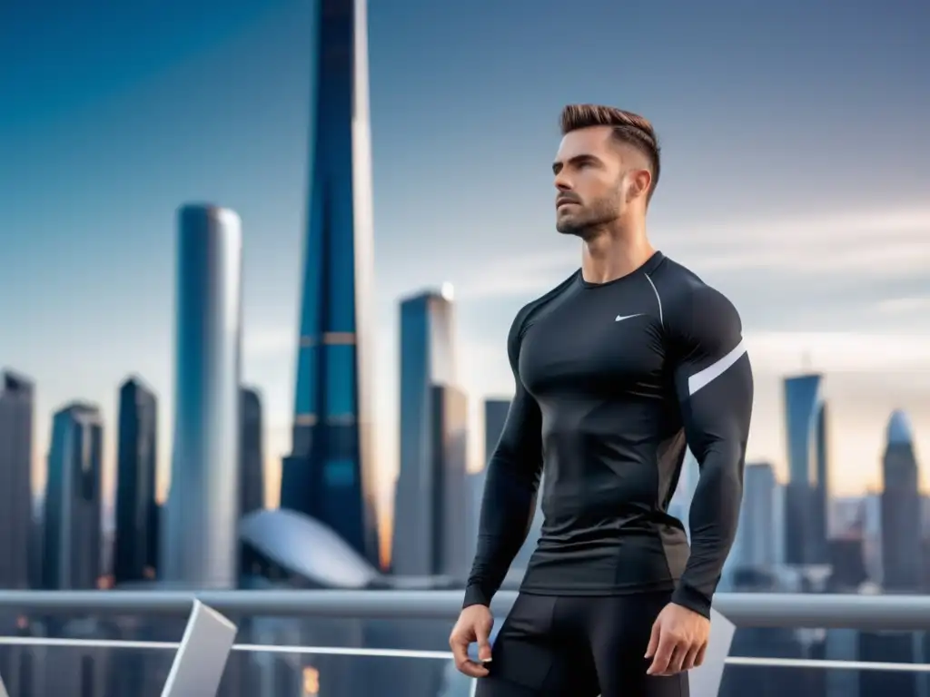 Activewear para hombres: Pros y contras - Hombre moderno en activewear frente a la ciudad futurista