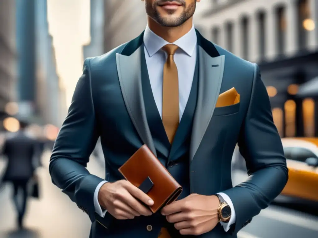 Hombre moderno en traje con carteras pequeñas o grandes para hombres