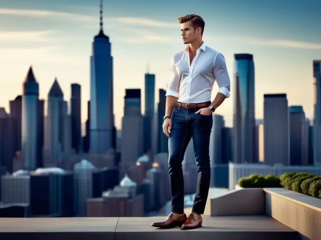 Zapatos de moda para hombres: modelo masculino elegante con zapatos de cuero clásicos y jeans oscuros