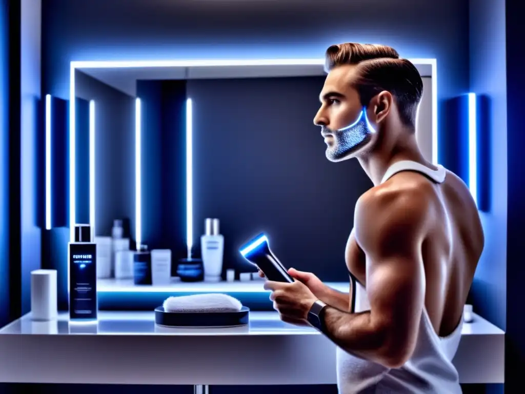 Hombre moderno en un baño rodeado de productos innovadores de cuidado y aseo personal, reflejando la fusión perfecta de tecnología y moda masculina