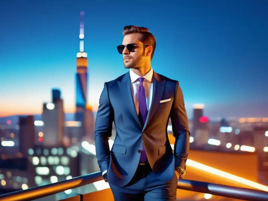 Guía estilo masculino en fotos: hombre elegante en ciudad, traje ajustado, reloj y gafas, seguro y sofisticado, reflejo de luces en edificios