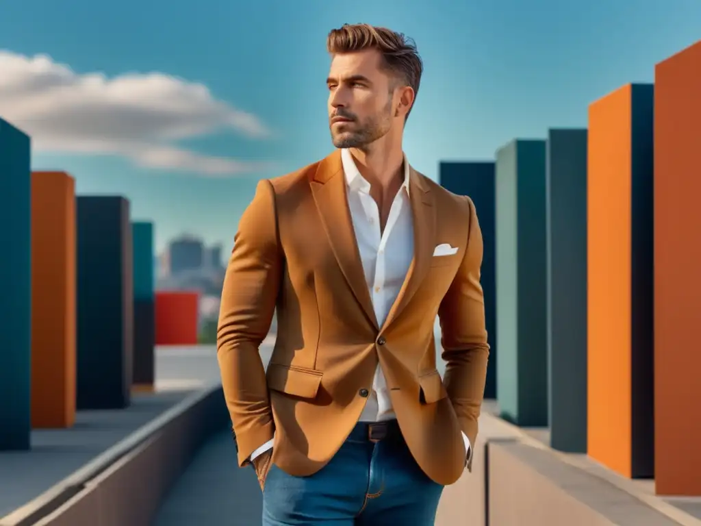 Elección consciente moda masculina - Hombre moderno en atuendo sostenible frente a un vibrante escenario urbano