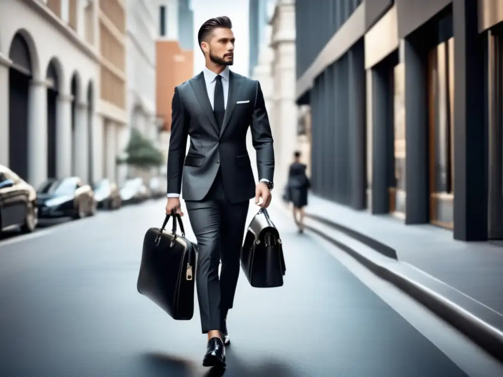 Hombre elegante en la ciudad con bolsos de hombre tendencias 2021