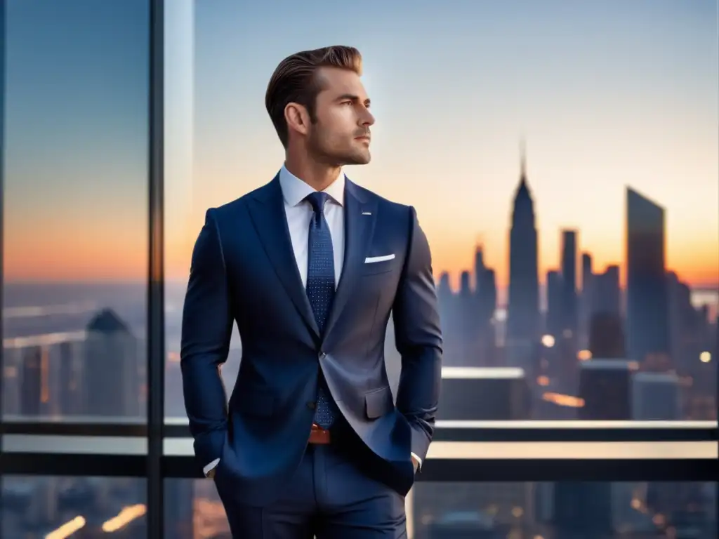 Elegante hombre moderno en traje azul marino, combinando traje y gafas con estilo y profesionalismo