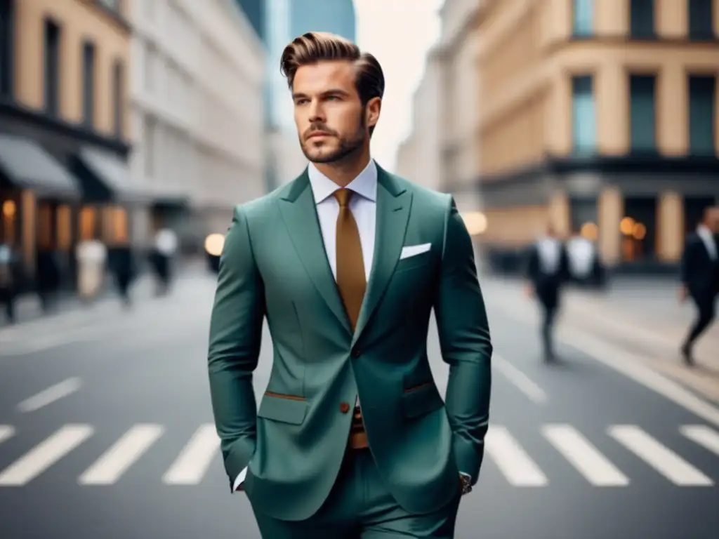 Hombre moderno en traje sostenible muestra importancia de tendencias de moda masculina en la ciudad