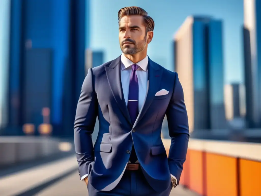 Fotografía estilo masculino perfecto: hombre de traje azul elegante en la ciudad