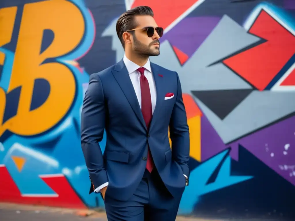 Impacto psicológico colores moda masculina: hombre de traje azul marino frente a colorido graffiti