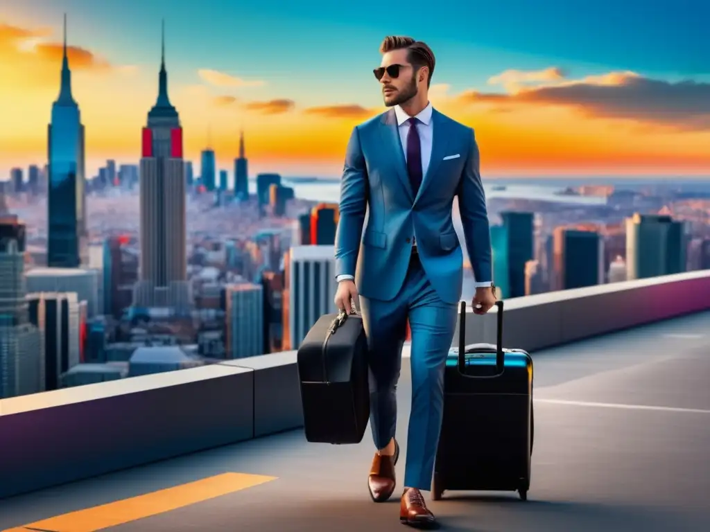 Un hombre elegante frente a una ciudad vibrante, representando moda, viajes y estilo urbano