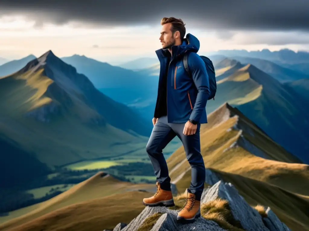 Moderno hombre en montaña con outfit funcional y estilo: Consejos de moda para viaje de montaña