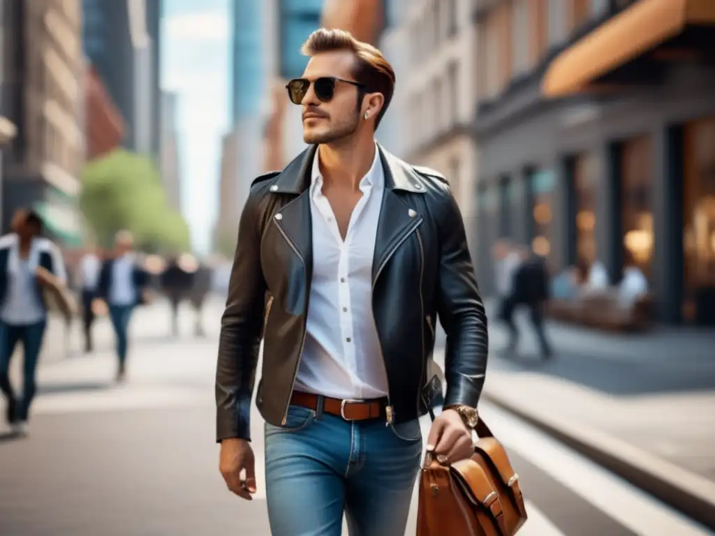 Hombre moderno explorando una vibrante ciudad con estilo - Ropa y accesorios para viajar