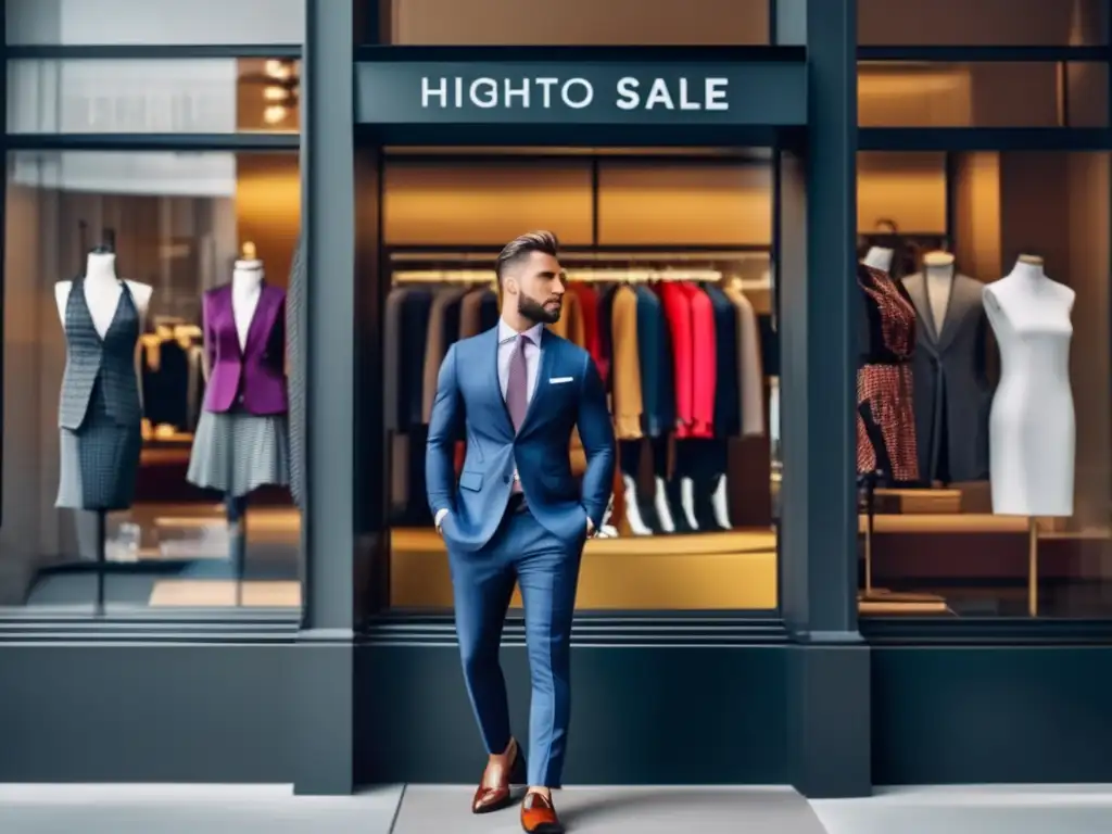 Hombre moderno frente a tienda de moda con ofertas