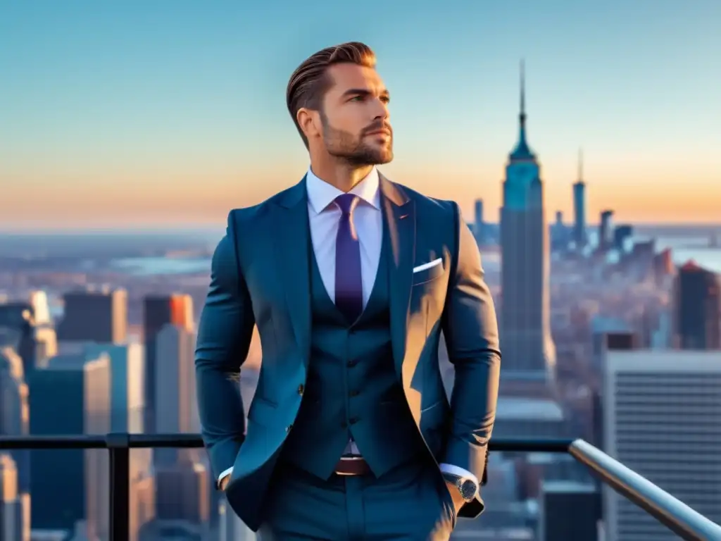 Hombre seguro y elegante en traje moderno, ciudad vibrante