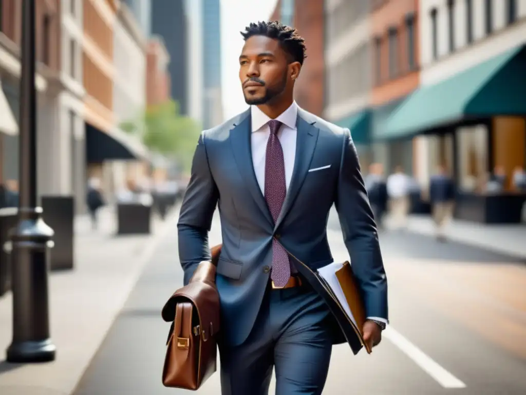 Moda masculina para viaje urbano: Hombre elegante caminando por una calle vibrante en la ciudad