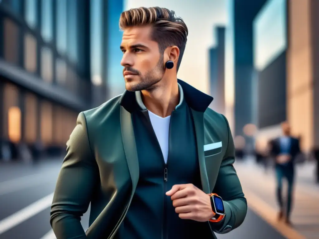 Beneficios de la moda inteligente en el estilo masculino: un hombre moderno y elegante en un entorno urbano con tecnología de vanguardia