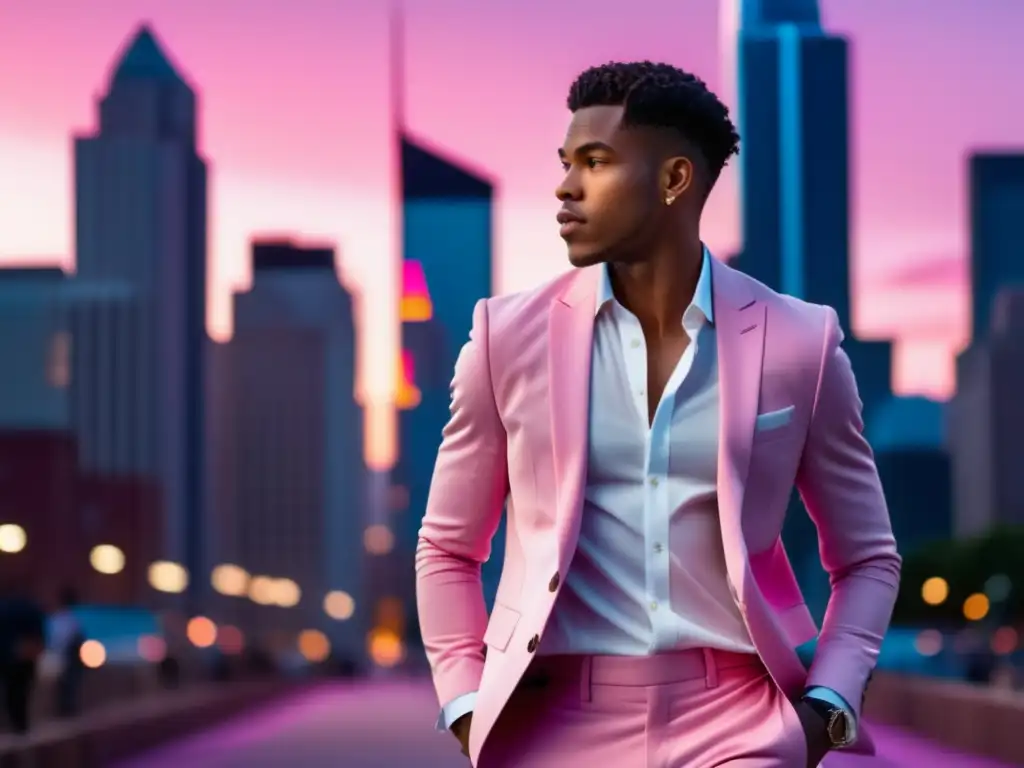 Tendencias moda masculina color rosa: imagen urbana de un hombre con estilo usando un traje rosa en una calle vibrante al anochecer