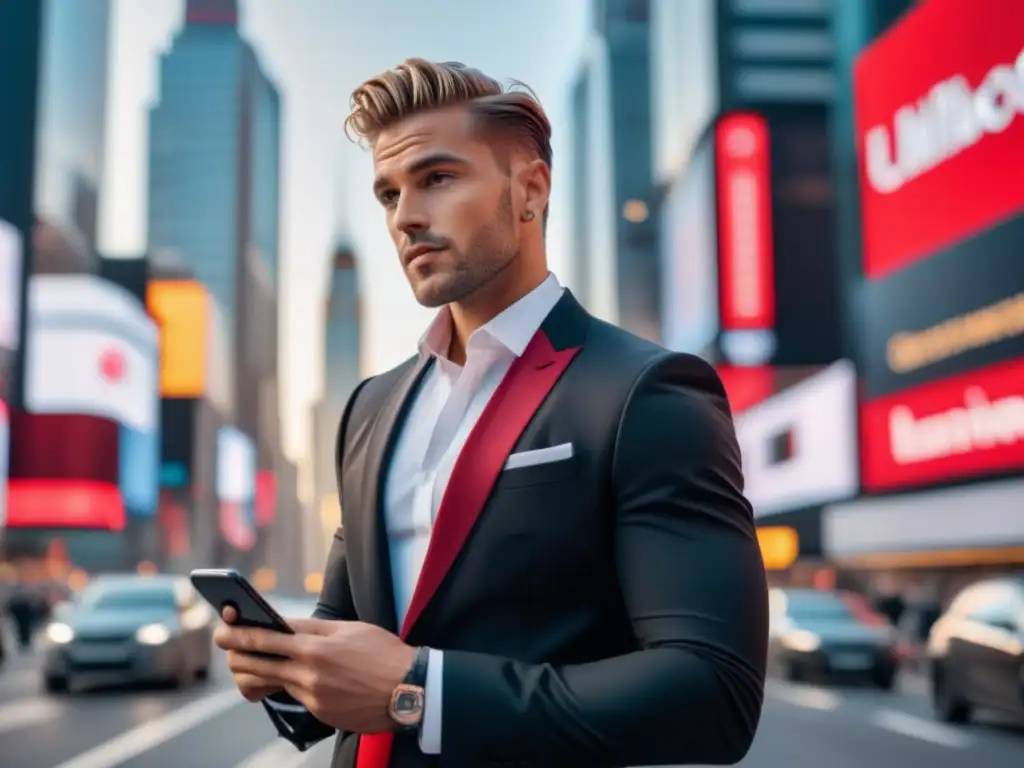 Influencer moda masculina en ciudad con tendencias y tecnología