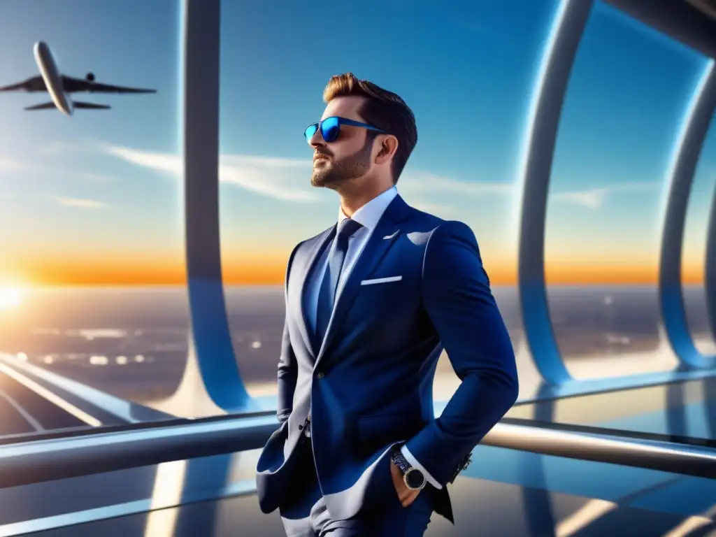 Ingeniero aeroespacial con look elegante y moderno en instalación futurista